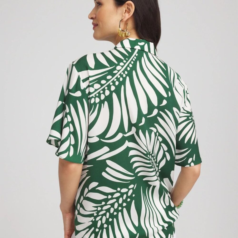 Palm Print Tie-Front Silky Top - Picture 4 of 4